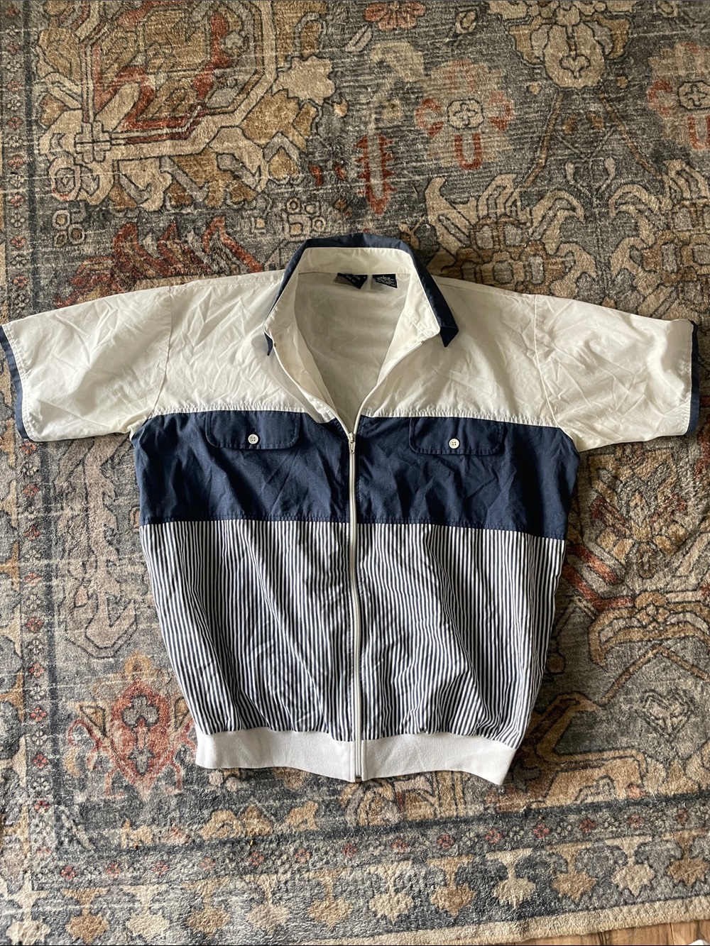 John Blair Vintage White & Navy Short-Sleeve Zip Shirt Jacket